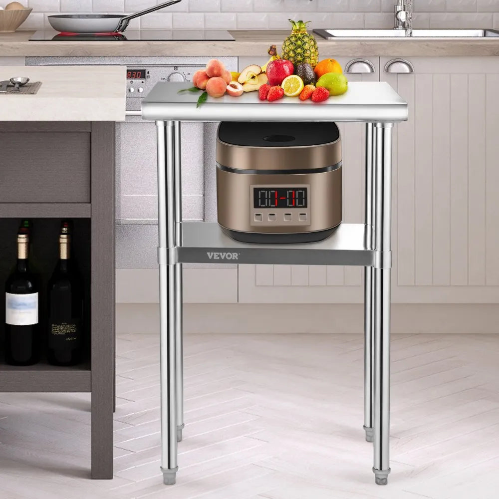 VEVOR Stainless Steel Prep Table, 24 x 18 x 36 Inch, 600lbs Load Capacity Heavy Duty Metal Worktable with Adjustable Undershelf & Feet, Commercial Workstation for Kitchen Restaurant Garage Backyard