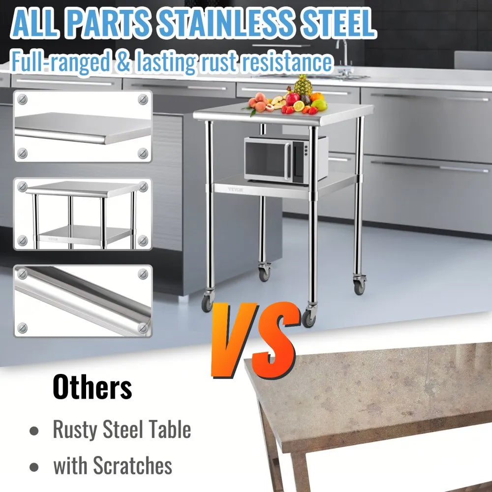 VEVOR Stainless Steel Prep Table, 24 x 24 x 36 Inch, 600lbs Load Capacity Heavy Duty Metal Worktable with Adjustable Undershelf & Universal Wheels, Commercial Workstation for Kitchen Garage Backyard