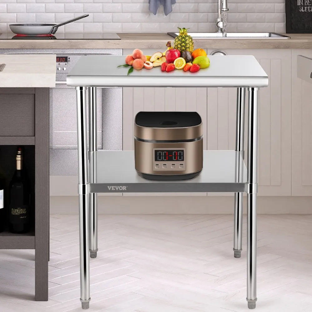VEVOR Stainless Steel Prep Table, 30 x 30 x 36 Inch, 800lbs Load Capacity Heavy Duty Metal Worktable with Adjustable Undershelf & Feet, Commercial Workstation for Kitchen Garage Restaurant Backyard