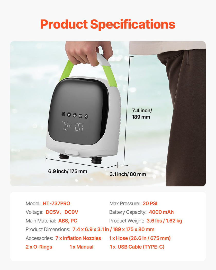 20 PSI Rechargeable Electric Paddle Board Pump with Auto Shut-Off & Deflation Function