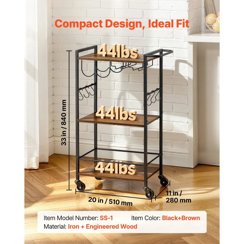 Bar Cart with Wine Rack & Glass Holder | 3-Tier Rolling Serving Cart | Rustic Brown & Black