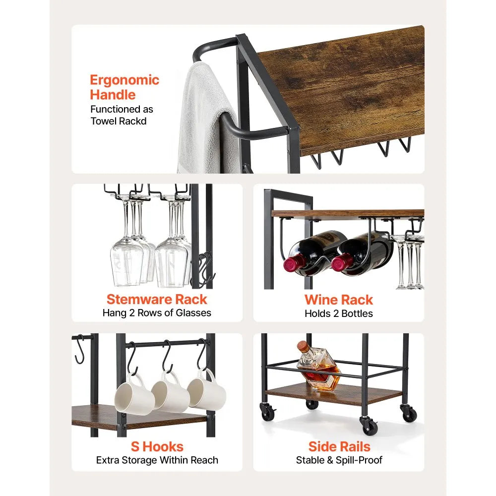 Bar Cart with Wine Rack & Glass Holder | 3-Tier Rolling Serving Cart | Rustic Brown & Black