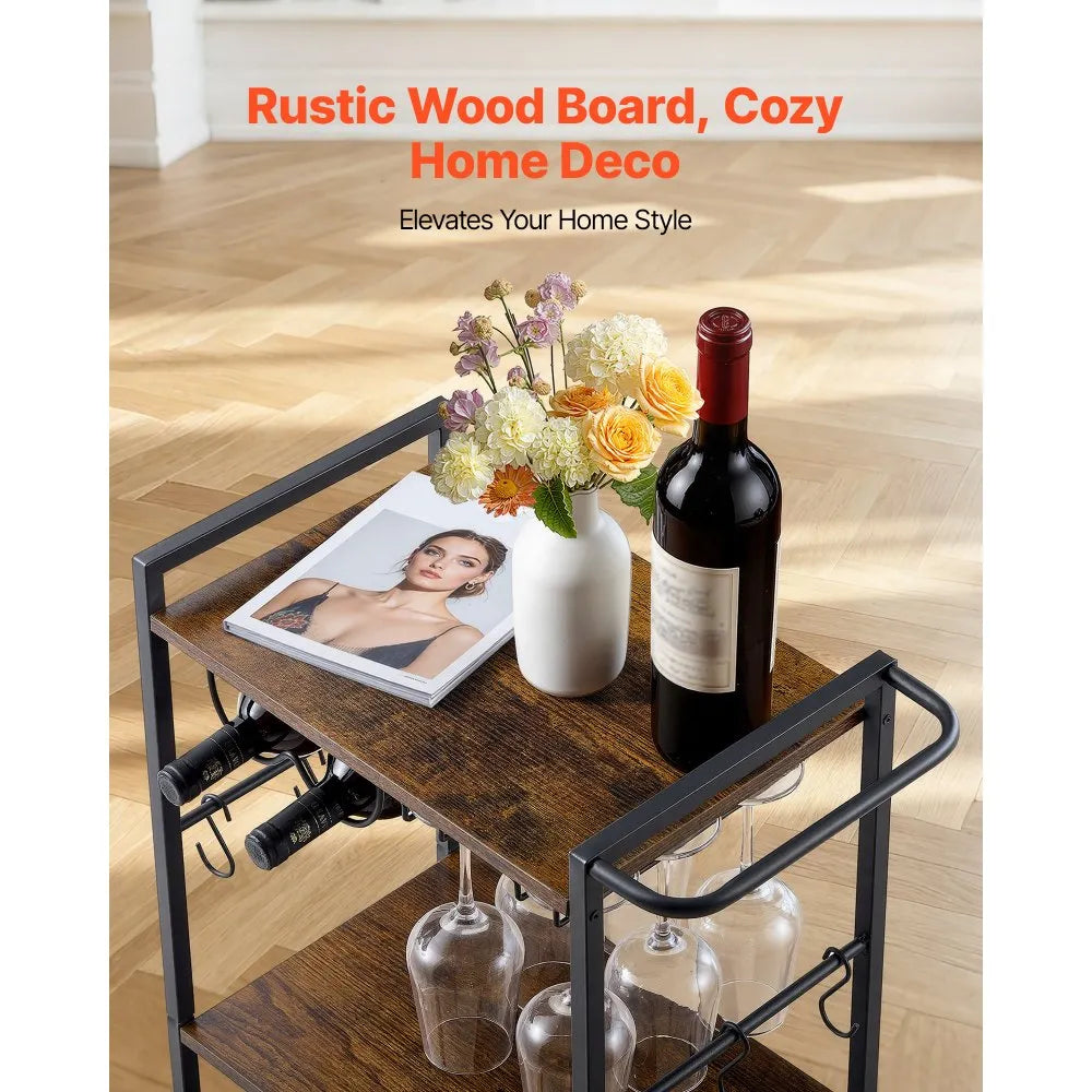 Bar Cart with Wine Rack & Glass Holder | 3-Tier Rolling Serving Cart | Rustic Brown & Black