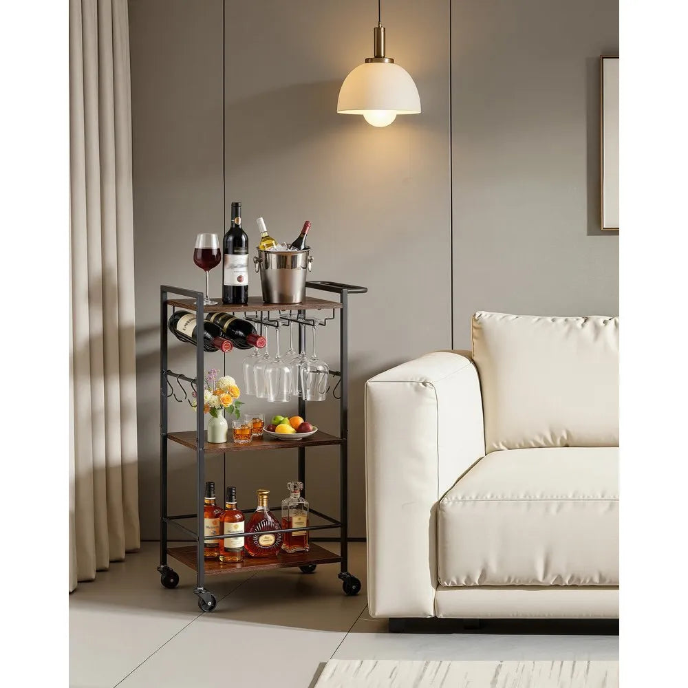 Bar Cart with Wine Rack & Glass Holder | 3-Tier Rolling Serving Cart | Rustic Brown & Black