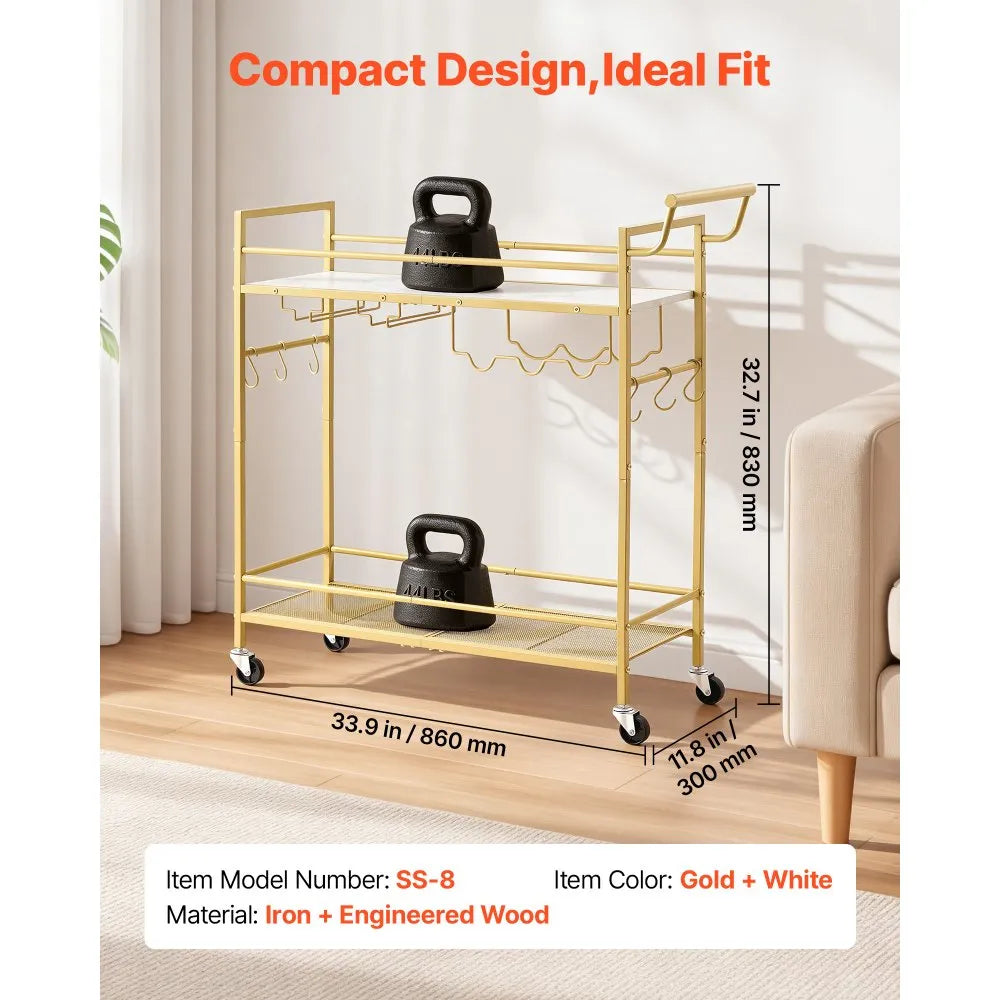 Bar Cart with Wine Rack & Glass Holder | 2-Tier Rolling Serving Cart | Gold & White