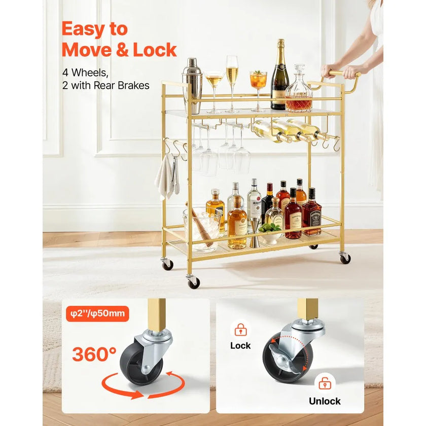 Bar Cart with Wine Rack & Glass Holder | 2-Tier Rolling Serving Cart | Gold & White