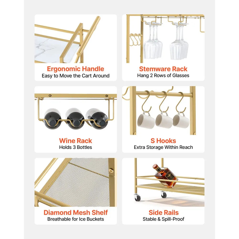 Bar Cart with Wine Rack & Glass Holder | 2-Tier Rolling Serving Cart | Gold & White