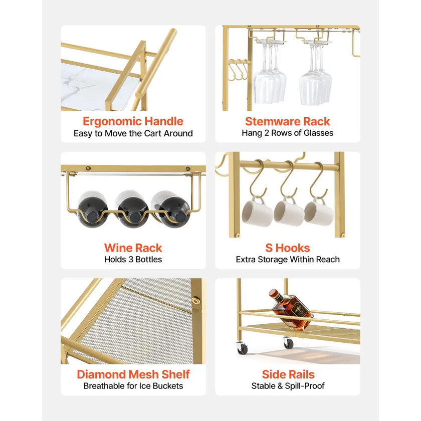 Bar Cart with Wine Rack & Glass Holder | 2-Tier Rolling Serving Cart | Gold & White