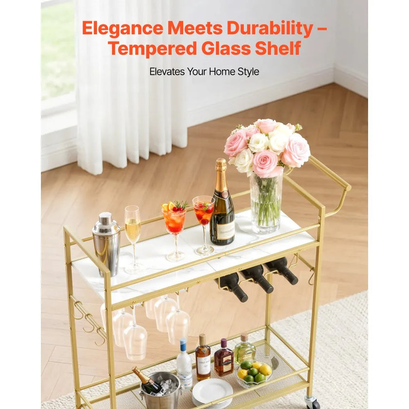 Bar Cart with Wine Rack & Glass Holder | 2-Tier Rolling Serving Cart | Gold & White