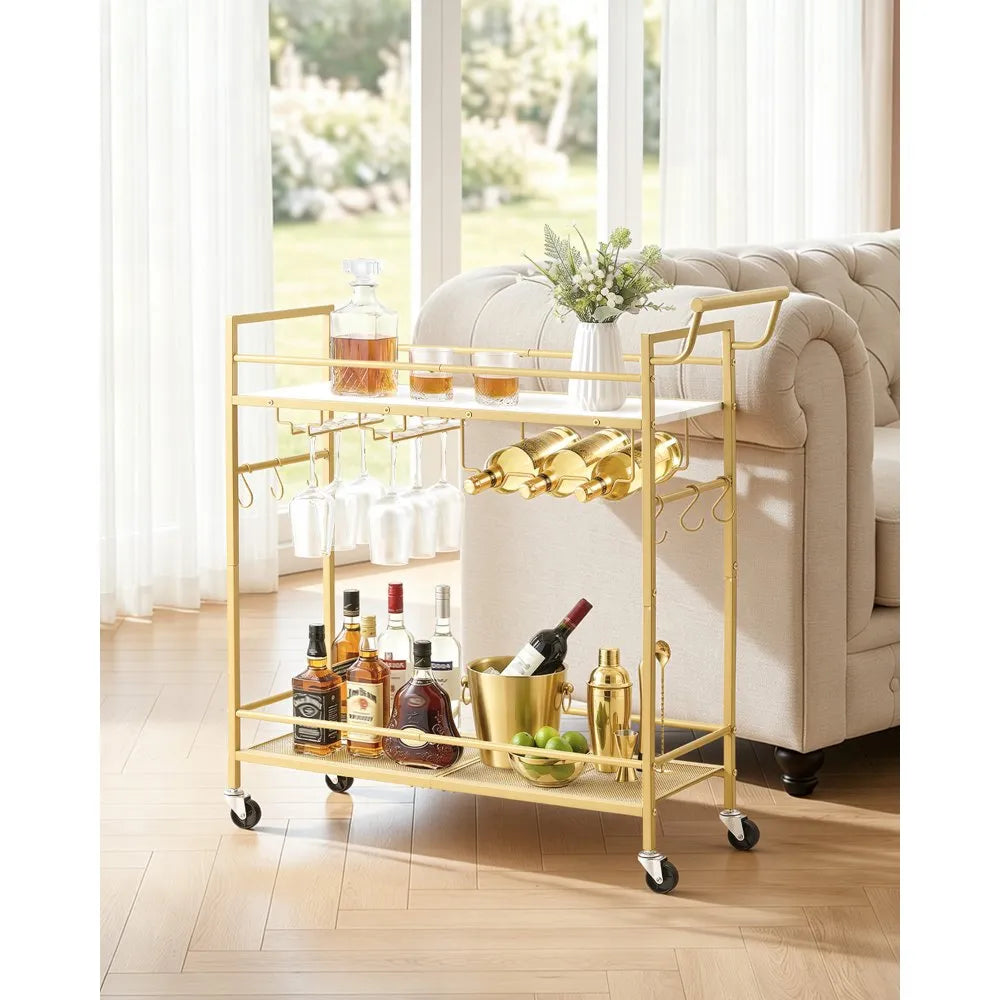 Bar Cart with Wine Rack & Glass Holder | 2-Tier Rolling Serving Cart | Gold & White