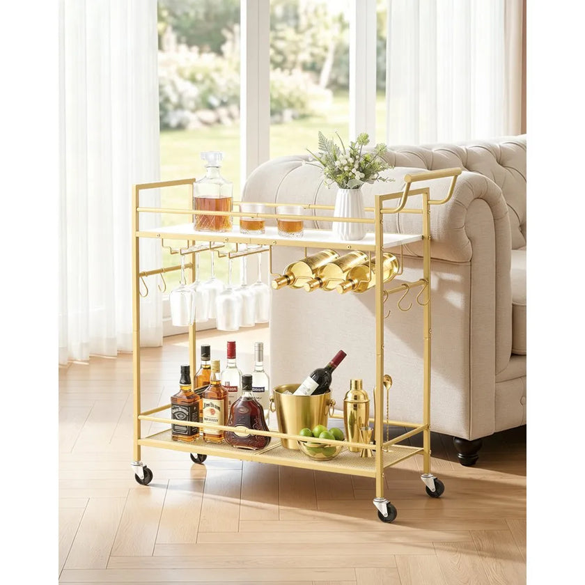 Bar Cart with Wine Rack & Glass Holder | 2-Tier Rolling Serving Cart | Gold & White