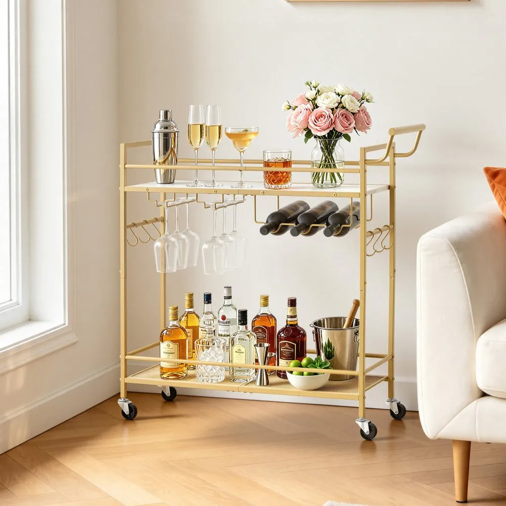 Bar Cart with Wine Rack & Glass Holder | 2-Tier Rolling Serving Cart | Gold & White