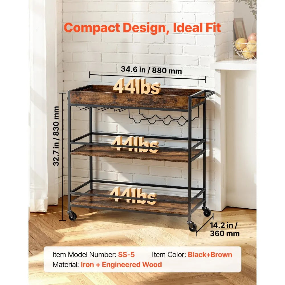 3-Tier Rolling Bar Cart with Wine Rack & Glass Holder, Industrial Serving Cart on Wheels, Rustic Brown & Black