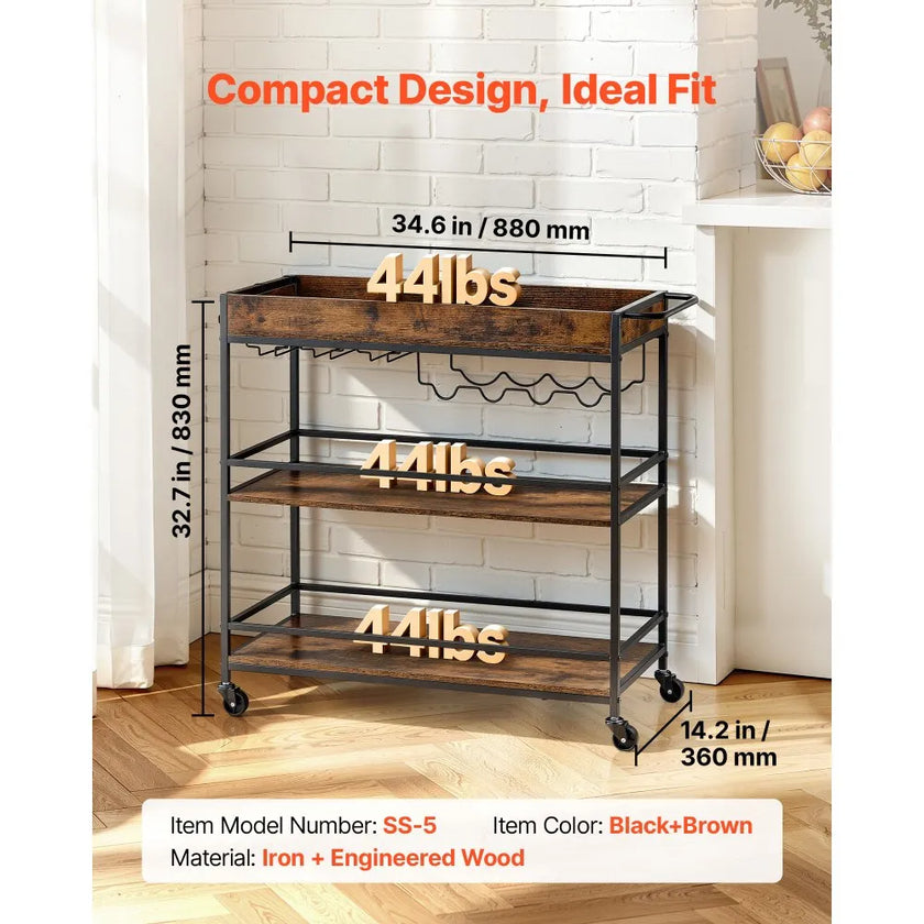 3-Tier Rolling Bar Cart with Wine Rack & Glass Holder, Industrial Serving Cart on Wheels, Rustic Brown & Black