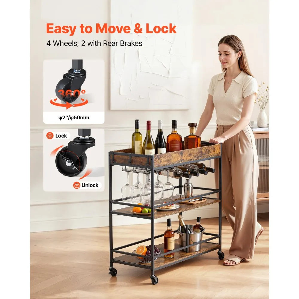 3-Tier Rolling Bar Cart with Wine Rack & Glass Holder, Industrial Serving Cart on Wheels, Rustic Brown & Black