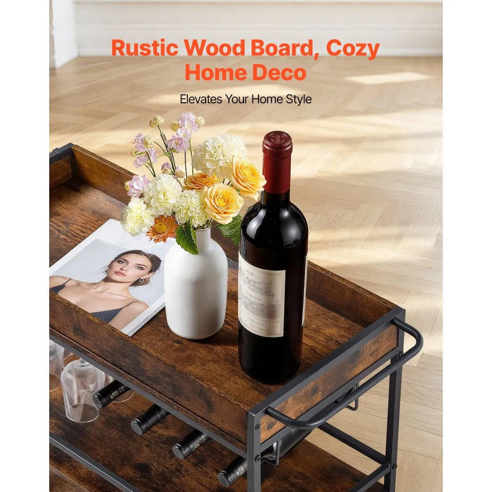 3-Tier Rolling Bar Cart with Wine Rack & Glass Holder, Industrial Serving Cart on Wheels, Rustic Brown & Black