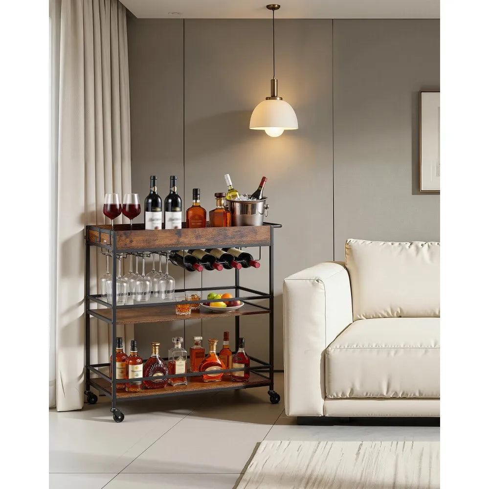 3-Tier Rolling Bar Cart with Wine Rack & Glass Holder, Industrial Serving Cart on Wheels, Rustic Brown & Black