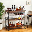3-Tier Rolling Bar Cart with Wine Rack & Glass Holder, Industrial Serving Cart on Wheels, Rustic Brown & Black