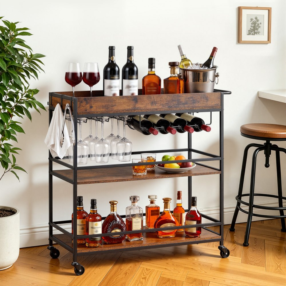3-Tier Rolling Bar Cart with Wine Rack & Glass Holder, Industrial Serving Cart on Wheels, Rustic Brown & Black