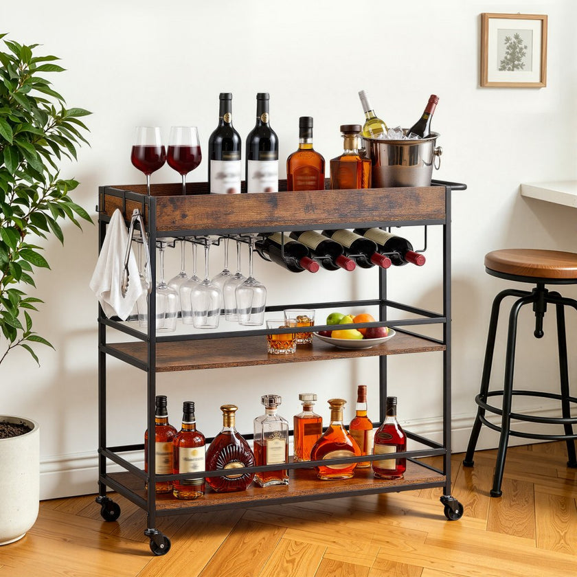 3-Tier Rolling Bar Cart with Wine Rack & Glass Holder, Industrial Serving Cart on Wheels, Rustic Brown & Black