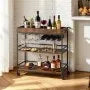 3-Tier Rolling Bar Cart with Wine Rack & Glass Holder, Industrial Serving Cart on Wheels, Rustic Brown & Black