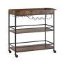 3-Tier Rolling Bar Cart with Wine Rack & Glass Holder, Industrial Serving Cart on Wheels, Rustic Brown & Black