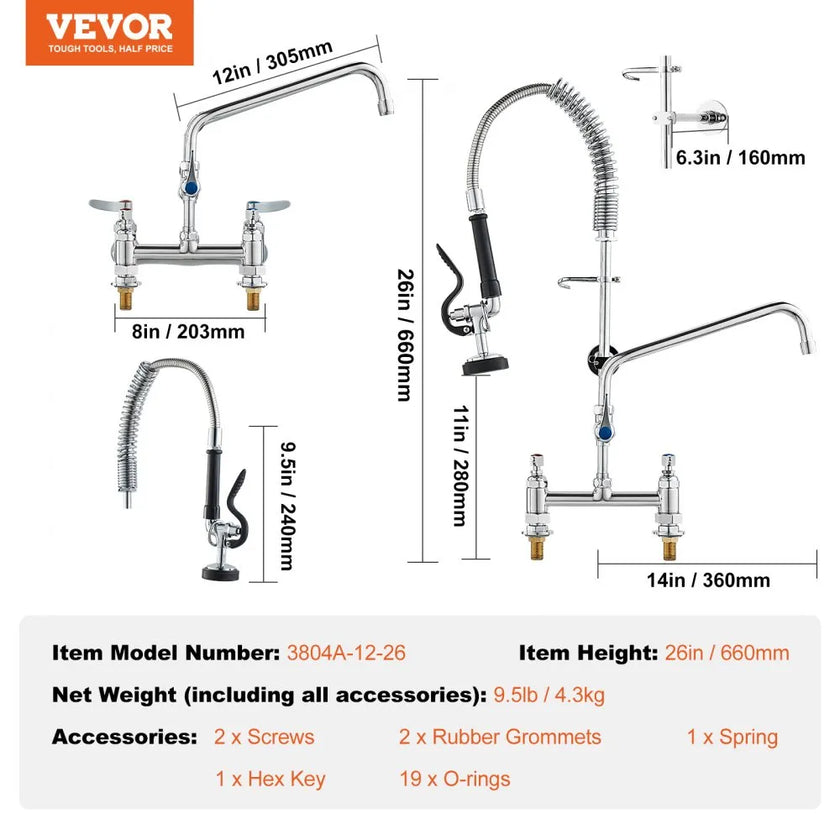 VEVOR Commercial Faucet with Pre-Rinse Sprayer, 26