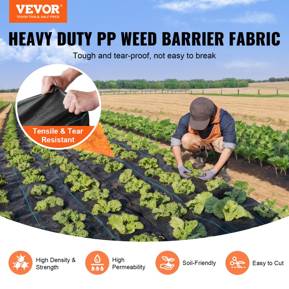 VEVOR Weed Barrier Landscape Fabric, 4 x 250 FT Geotextile Underlayment, PP Woven Garden Ground Cover, 5Oz Weed Control Fabric, Heavy Duty Weed Block Fabric w/Good Permeability, Gardening Mat, Black