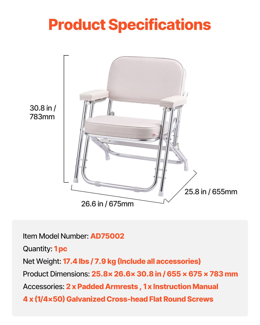 VEVOR Folding Deck Chair Boat Seat with Aluminum Alloy Frame Non-slip Foot Pads