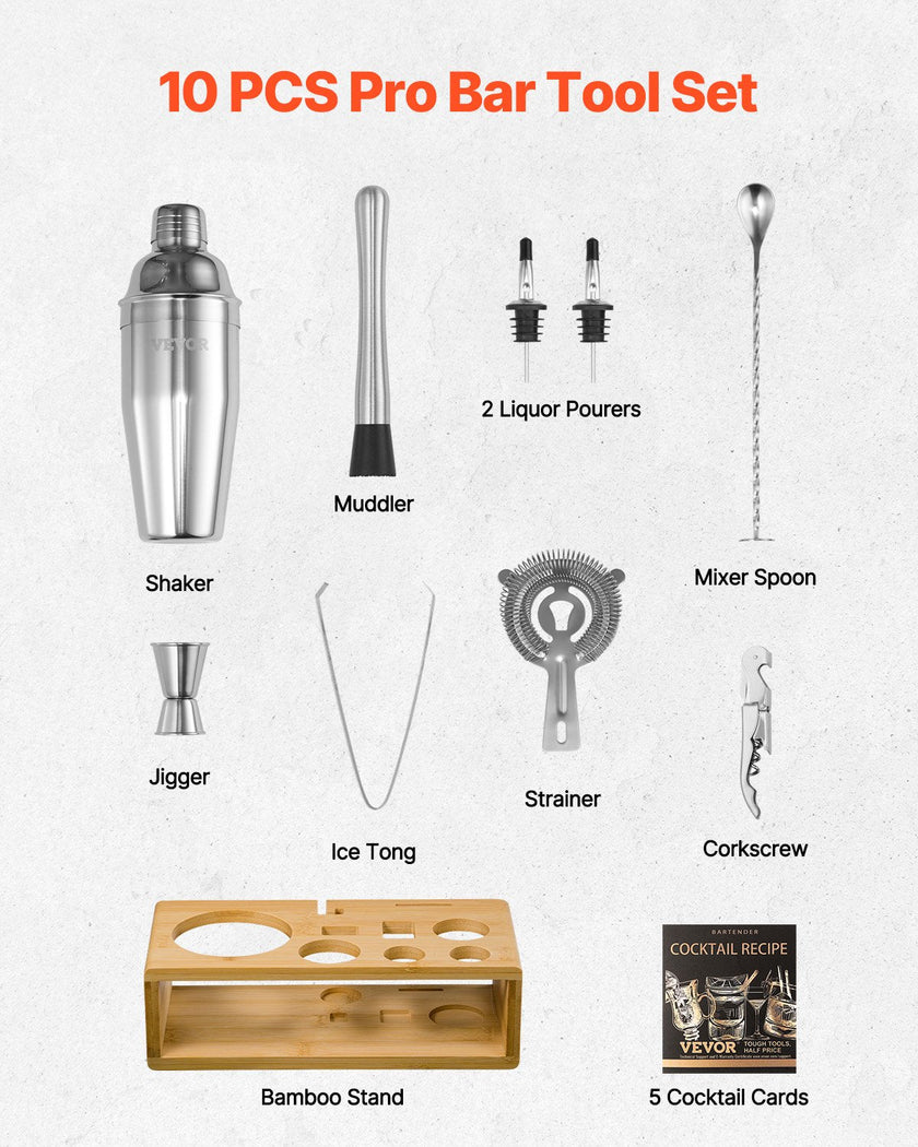 VEVOR Cocktail Shaker Set 10 Pcs Bartender Kit Stainless Steel Bar Tools Silver