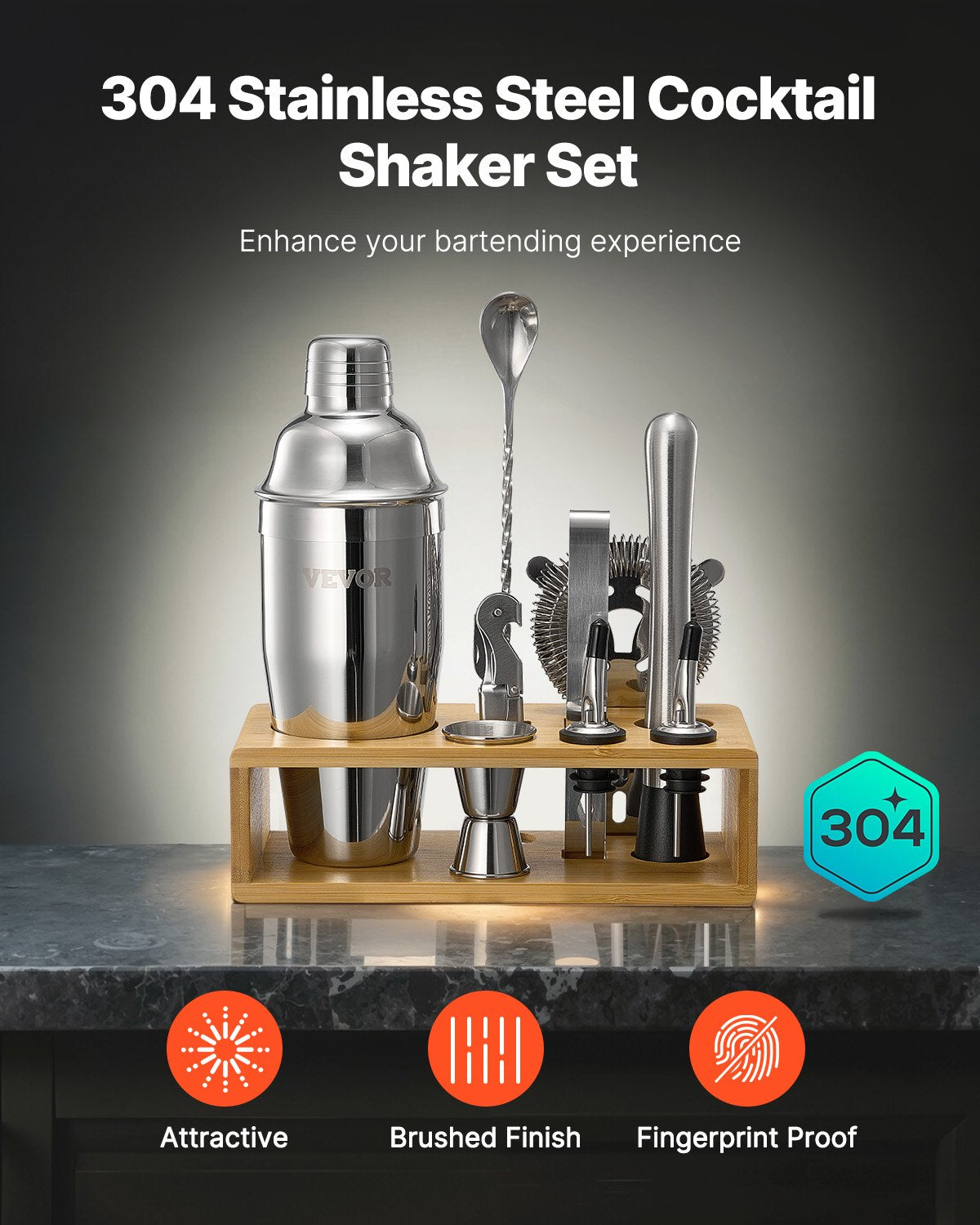 VEVOR Cocktail Shaker Set 10 Pcs Bartender Kit Stainless Steel Bar Tools Silver