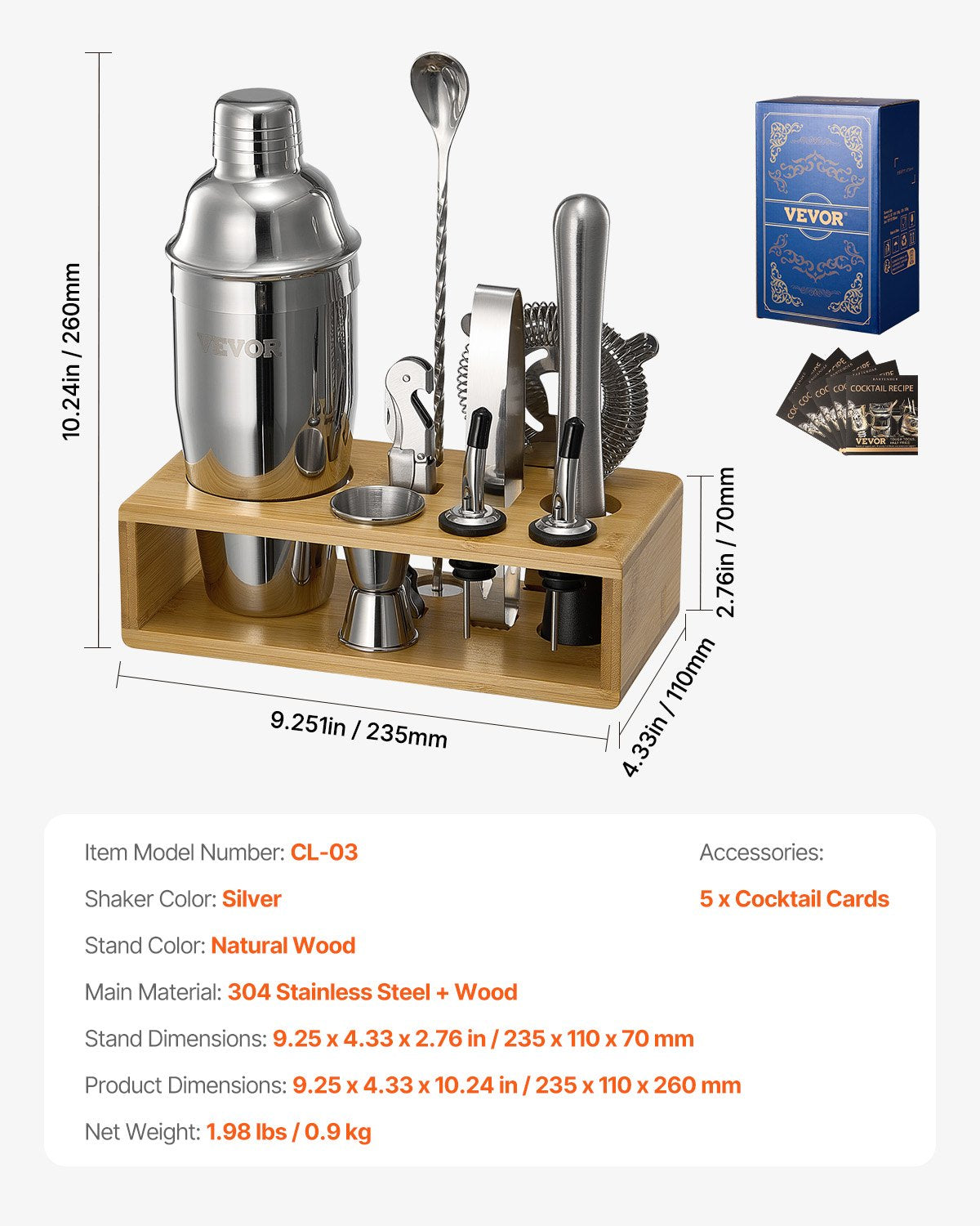 VEVOR Cocktail Shaker Set 10 Pcs Bartender Kit Stainless Steel Bar Tools Silver