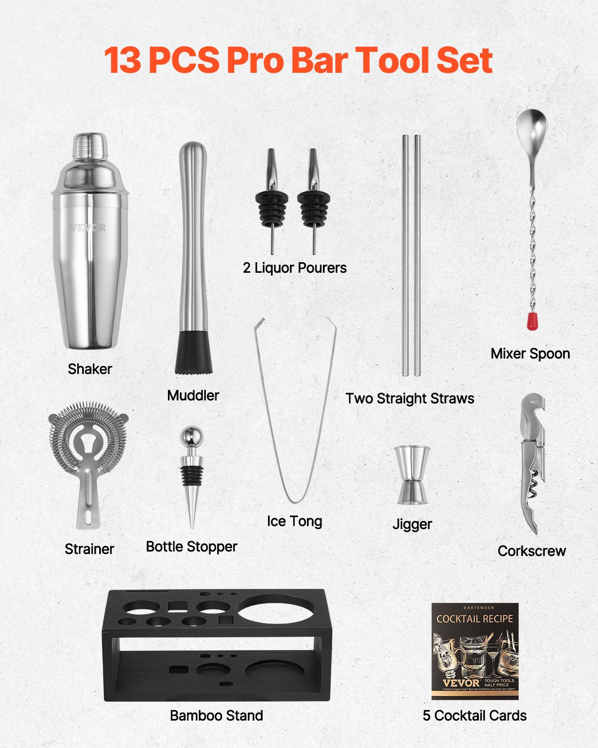 VEVOR Cocktail Shaker Set 13 Pcs Bar Tools Stainless Steel Bartender Kit Silver