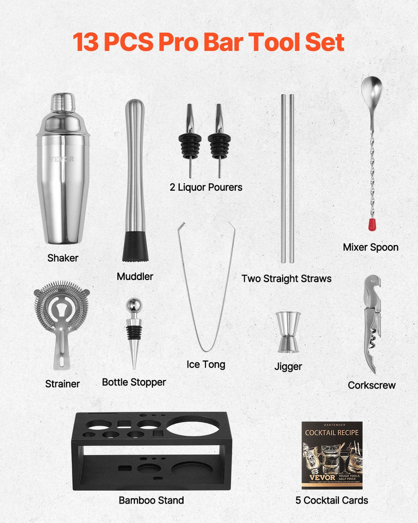 VEVOR Cocktail Shaker Set 13 Pcs Bar Tools Stainless Steel Bartender Kit Silver