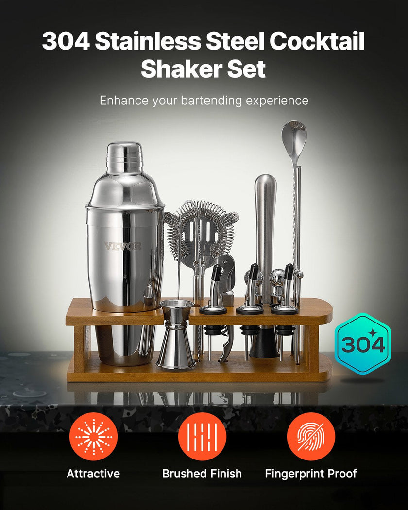 VEVOR Cocktail Shaker Set 18 Pcs Bartender Kit Stainless Steel Bar Tools Silver