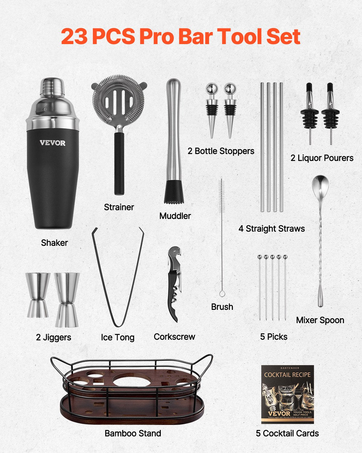 VEVOR Cocktail Shaker Set 23 Pcs Bartender Kit Stainless Steel Bar Tools Silver