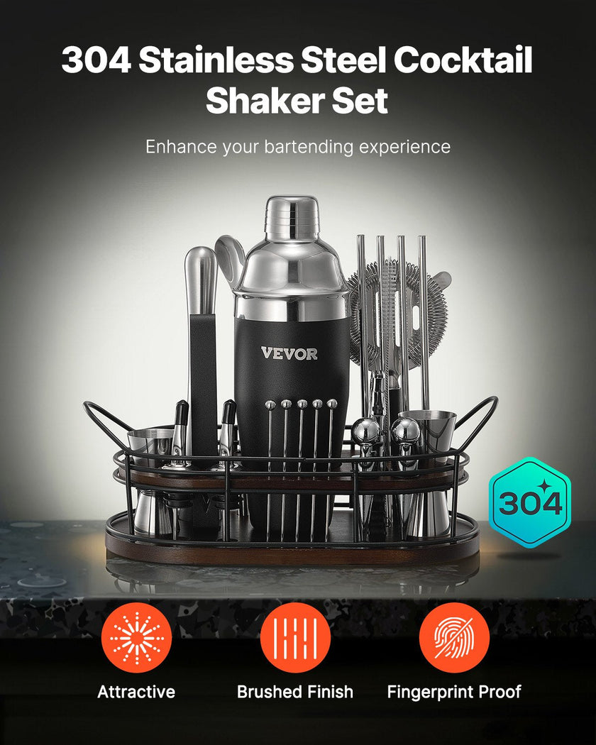 VEVOR Cocktail Shaker Set 23 Pcs Bartender Kit Stainless Steel Bar Tools Silver