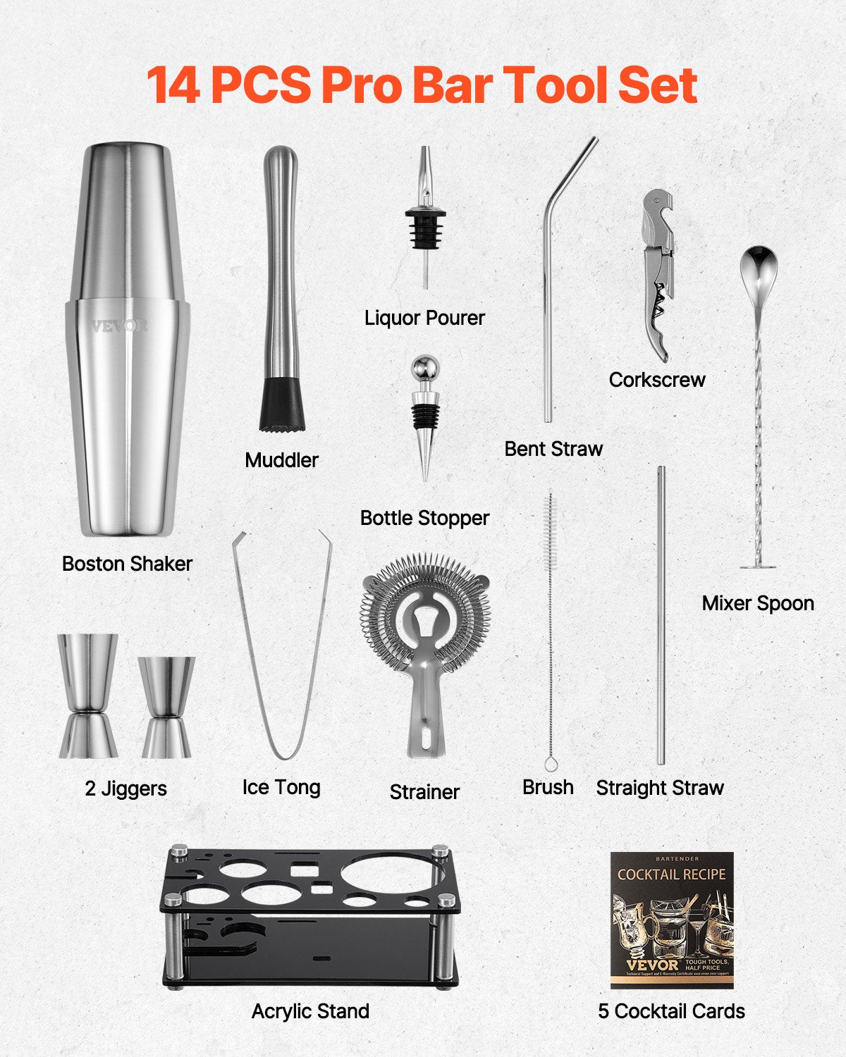 VEVOR Cocktail Shaker Set 14 Pcs Bartender Kit Stainless Steel Bar Tools Silver