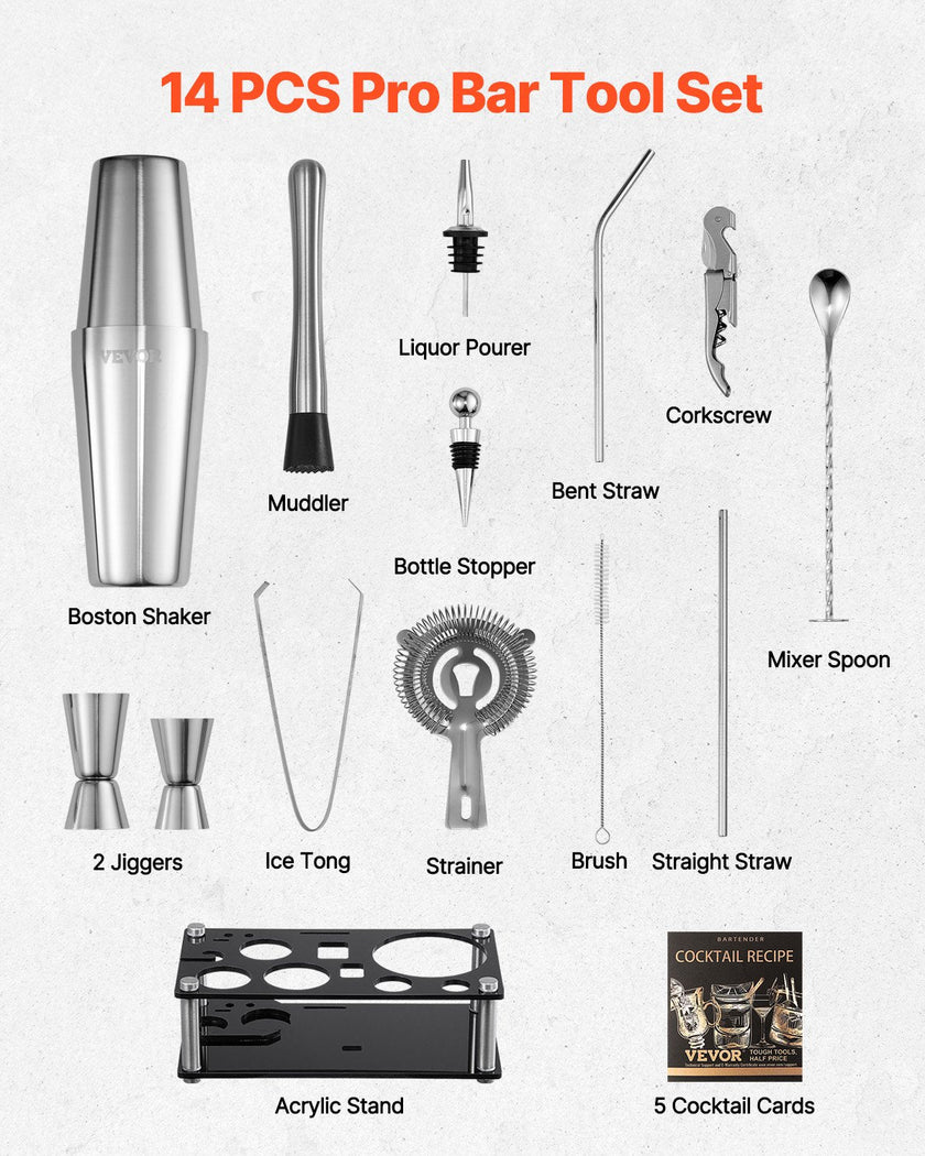 VEVOR Cocktail Shaker Set 14 Pcs Bartender Kit Stainless Steel Bar Tools Silver