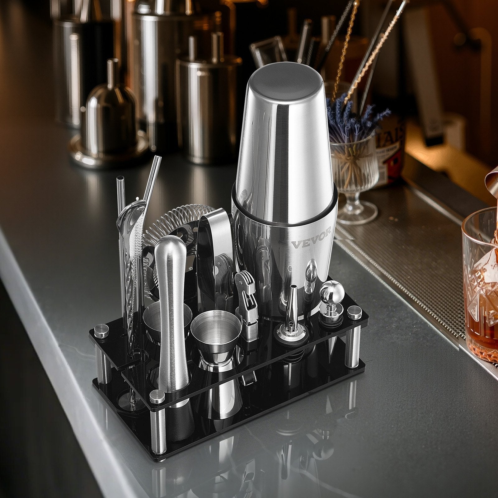 VEVOR Cocktail Shaker Set 14 Pcs Bartender Kit Stainless Steel Bar Tools Silver