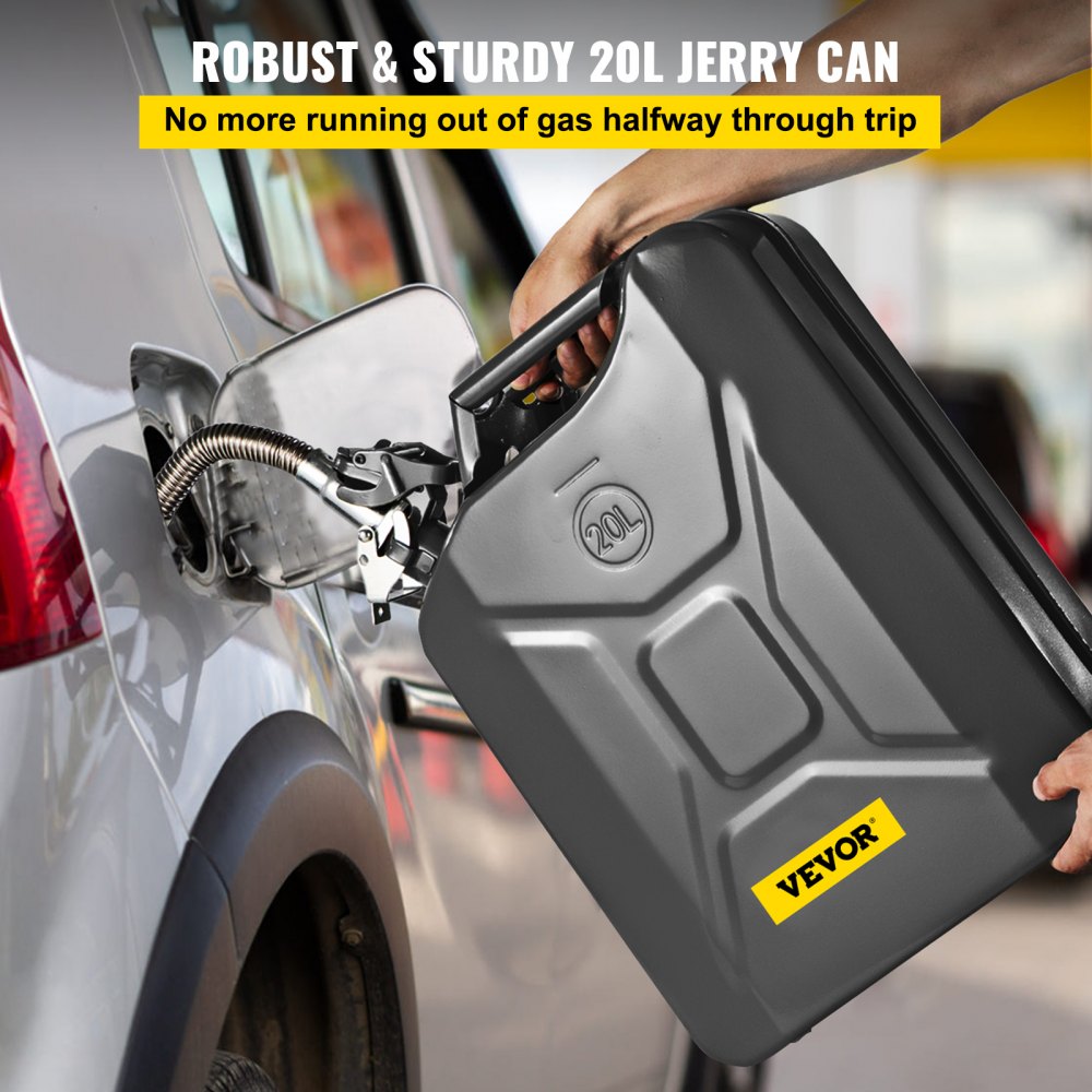 VEVOR Fuel Can, 5.3 Gallon / 20 L Portable Gas Can with Flexible Spout System, Rustproof ? Heat-resistant Steel Fuel Tank for Cars Trucks Equipment, Black