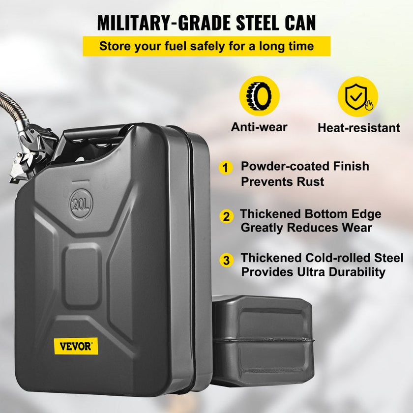 VEVOR Fuel Can, 5.3 Gallon / 20 L Portable Gas Can with Flexible Spout System, Rustproof ? Heat-resistant Steel Fuel Tank for Cars Trucks Equipment, Black