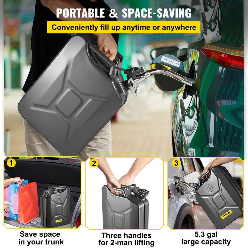 VEVOR Fuel Can, 5.3 Gallon / 20 L Portable Gas Can with Flexible Spout System, Rustproof ? Heat-resistant Steel Fuel Tank for Cars Trucks Equipment, Black