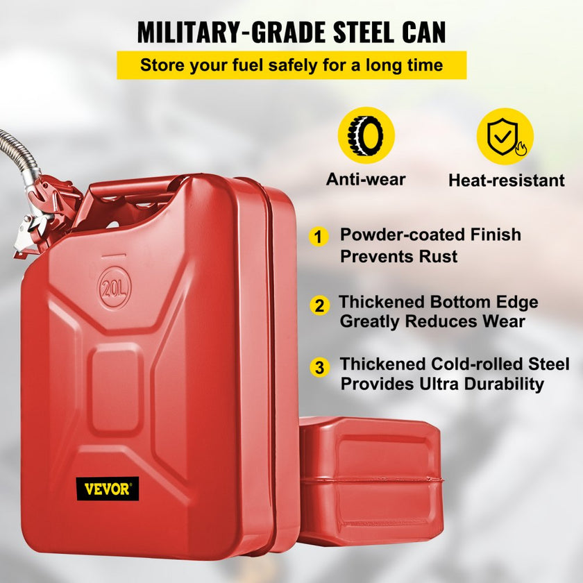 VEVOR Fuel Can, 5.3 Gallon / 20 L Portable Gas Can with Flexible Spout System, Rustproof ? Heat-resistant Steel Fuel Tank for Cars Trucks Equipment, Red