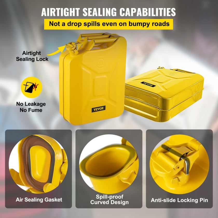 VEVOR Jerry Fuel Can, 5.3 Gallon / 20 L Portable Jerry Gas Can with Flexible Spout System, Rustproof ? Heat-resistant Steel Fuel Tank for Cars Trucks Equipment, Yellow