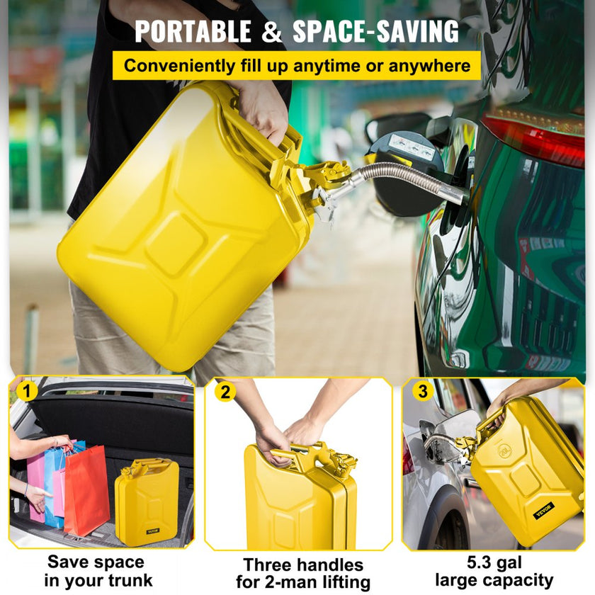 VEVOR Jerry Fuel Can, 5.3 Gallon / 20 L Portable Jerry Gas Can with Flexible Spout System, Rustproof ? Heat-resistant Steel Fuel Tank for Cars Trucks Equipment, Yellow