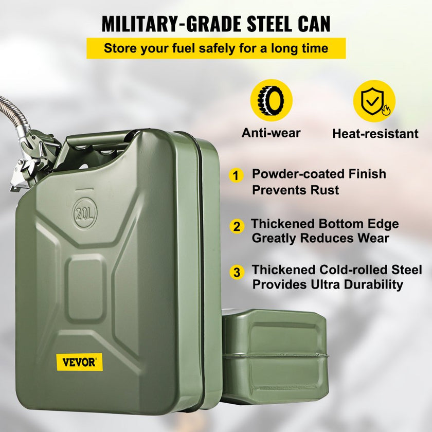 VEVOR Jerry Fuel Can, 5.3 Gallon / 20 L Portable Jerry Gas Can with Flexible Spout System, Rustproof ? Heat-resistant Steel Fuel Tank for Cars Trucks Equipment, 2PCS Green
