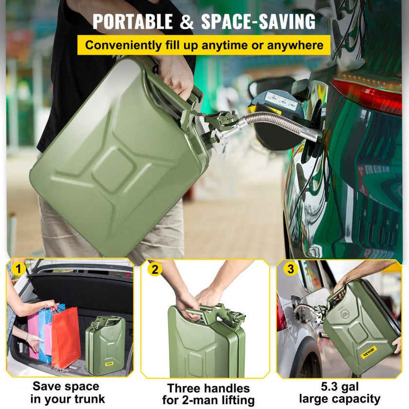 VEVOR Jerry Fuel Can, 5.3 Gallon / 20 L Portable Jerry Gas Can with Flexible Spout System, Rustproof ? Heat-resistant Steel Fuel Tank for Cars Trucks Equipment, 2PCS Green