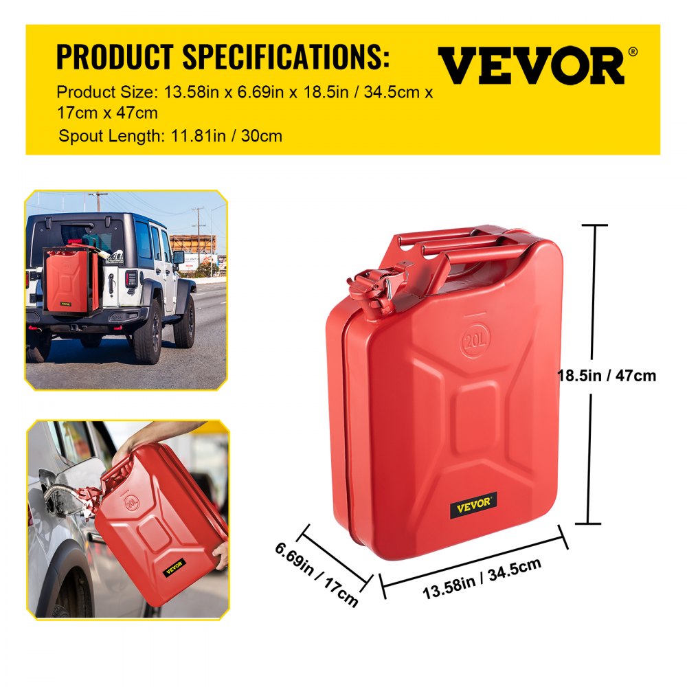 VEVOR Jerry Fuel Can, 5.3 Gallon / 20 L Portable Jerry Gas Can with Flexible Spout System, Rustproof ? Heat-resistant Steel Fuel Tank for Cars Trucks Equipment, 2PCS Red