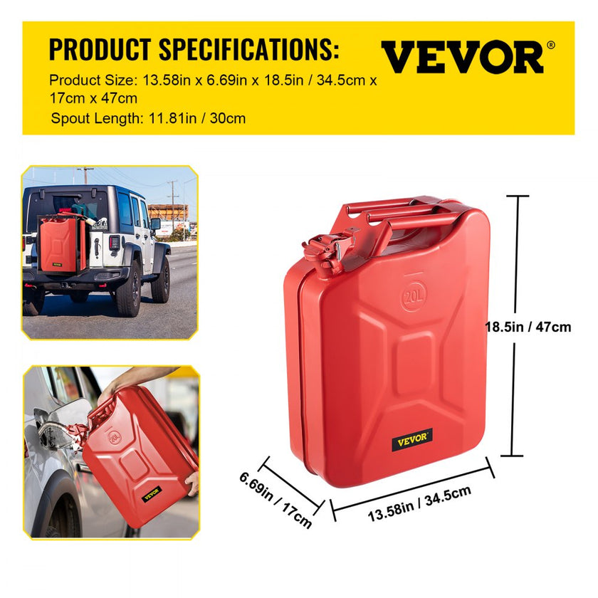 VEVOR Jerry Fuel Can, 5.3 Gallon / 20 L Portable Jerry Gas Can with Flexible Spout System, Rustproof ? Heat-resistant Steel Fuel Tank for Cars Trucks Equipment, 2PCS Red